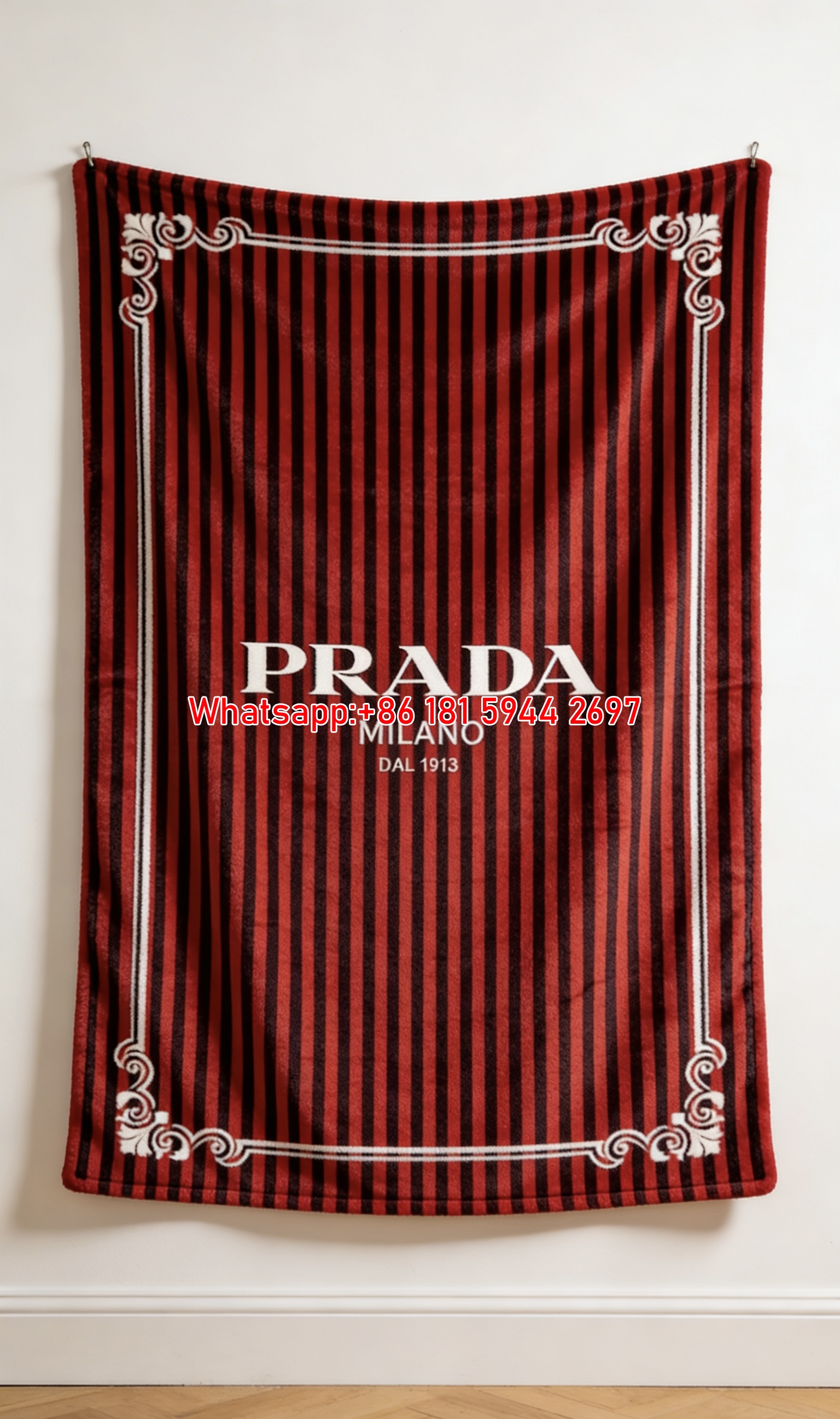 Prada Milano Dal 1913 Red Black Vertical Striped Fleece Sofa Throw Blanket Printed Wall Decor IMG_2718